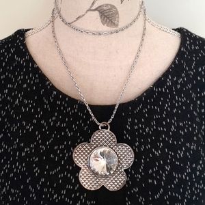 % Large silvertone & crystal daisy pendant w long sterling chain